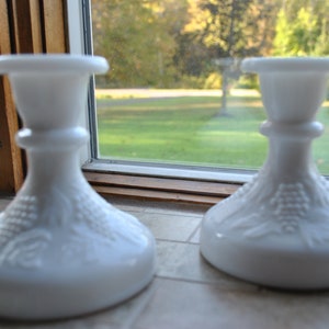 L. E. Smith Vintage Grape Milk Glass Pair of Single Tapered Candle Stick Holders
