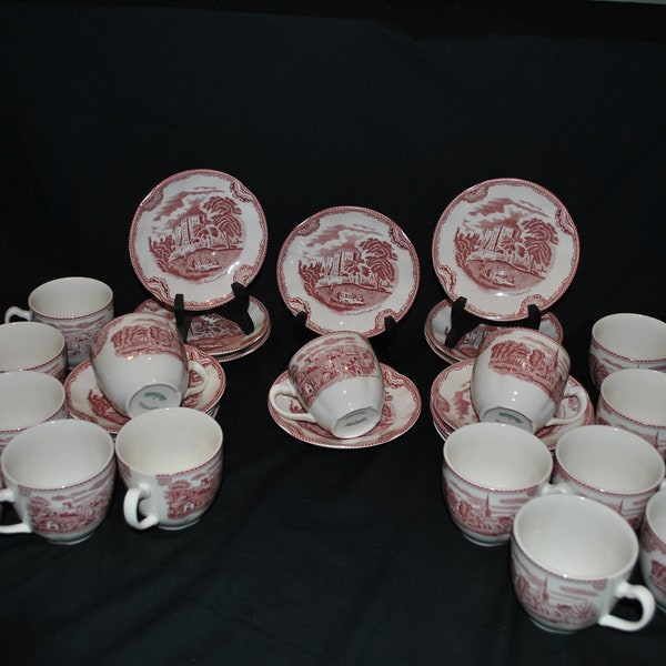 Johnson Brothers Flat Cup and Saucer in The Old Britain Castle Transferware in The Pink The New Marking Discontinued