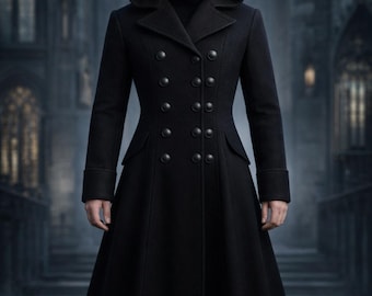 Gabardina gótica negra con capucha, abrigo largo victoriano de mezcla de lana, prenda de abrigo steampunk de invierno.