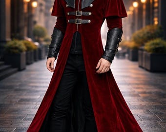 Burgundy Velvet Gothic Trench Coat, Long Victorian Vampire Coat, Unisex Steampunk Outerwear