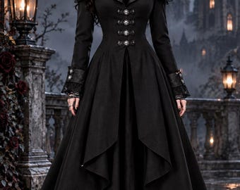 Women's Gothic Long Coat | Victorian Black Coat Dress | Steampunk Trench Jacket | Medieval Witch Cosplay Outerwear