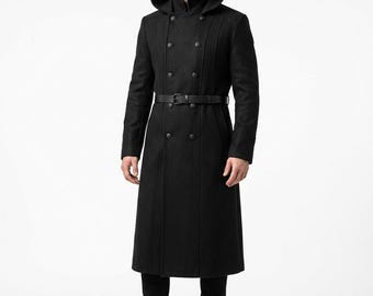 Men's Black Wool Gothic Military Long Coat with Hood | Victorian Trench Outerwear