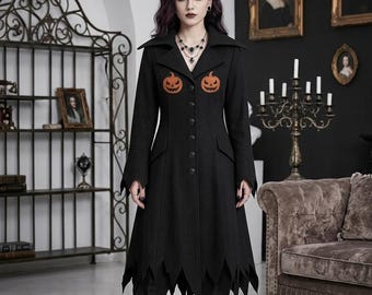 Gothic Pumpkin Embroidered Coat, Women's Halloween Witchy Black Jacket, Steampunk Victorian Cosplay