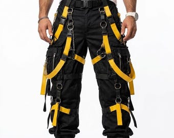 Black Yellow Gothic Techwear Cargo Pants, Cyberpunk Harness Trousers, Handmade Streetwear