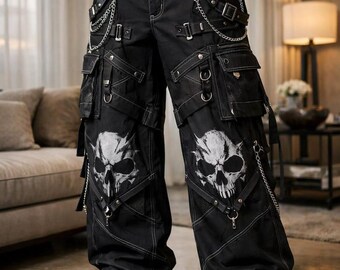 Men's Gothic Skull Cargo Pants, Cyberpunk Techwear Baggy Trousers with Chains, Punk Halloween Streetwear