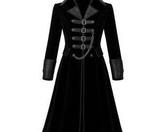 Handmade Velvet Gothic Trench Coat, Black Victorian Vampire Steampunk Outerwear