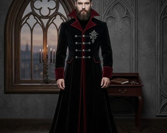 Men's Gothic Vampire Velvet Trench Coat, Dracula Victorian Steampunk Jacket, Halloween Costume