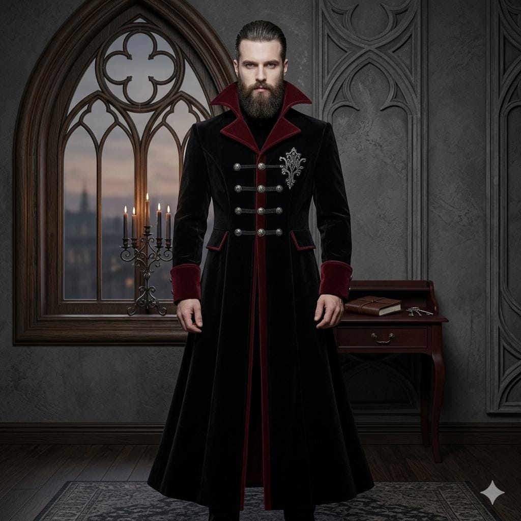 Men's Gothic Vampire Velvet Trench Coat, Dracula Victorian