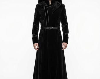 Black Velvet Gothic Coat | Hooded Victorian Long Coat | Halloween Outerwear