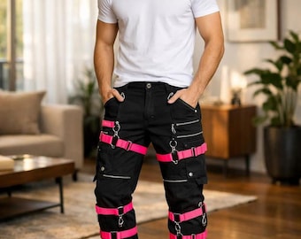 Men's Gothic Cyberpunk Techwear Cargo Pants, Black Cotton Blend with Pink Straps
