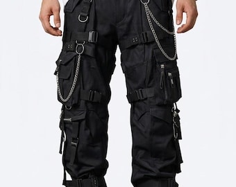 Gothic Cargo Pants, Black Baggy Wide Leg, Punk Streetwear, Techwear Trousers, Handmade Rave Outfit