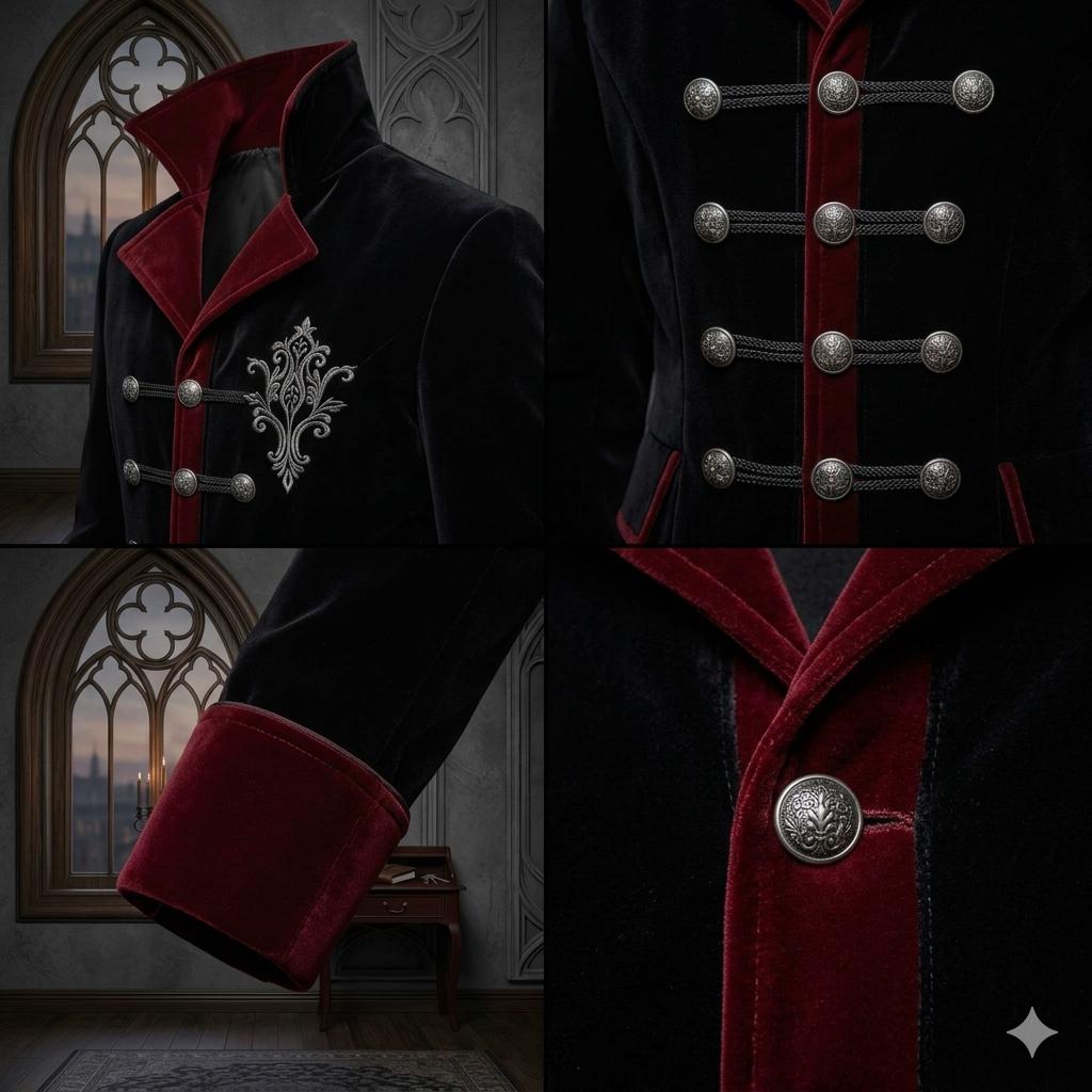 Men's Gothic Vampire Velvet Trench Coat, Dracula Victorian