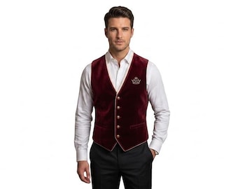 Men's Red Velvet Santa Vest, Gothic Victorian Waistcoat, Christmas Holiday Attire, Handmade