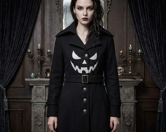 Handmade Gothic Vampire Wool Coat, Jack-O'-Lantern Trench, Steampunk Halloween Jacket