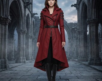 Dark Crimson Gothic Leather Coat, Victorian Vampire Steampunk Trench (Unisex)