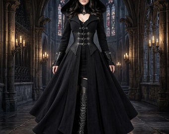 Black Wool Gothic Victorian Hooded Maxi Coat | Steampunk Witch Trench Jacket