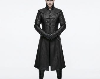 Mens Black Gothic Hooded Trench Coat, Faux Leather Steampunk Jacket, Medieval Vampire Cosplay Coat