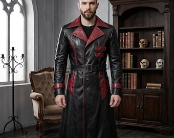 Men's Gothic Vampire Faux Leather Trench Coat - Handmade Steampunk Red & Black