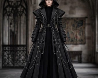Black Gothic Hooded Long Coat, Steampunk Trench Coat with Chains & Buckles