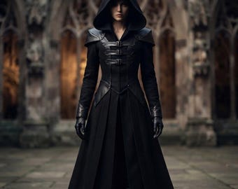 Men's Gothic Hooded Long Coat | Victorian Steampunk Trench Jacket | Medieval Fantasy Overcoat | Black Witch Goth Coat