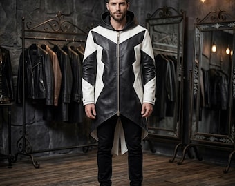 Mens Gothic Faux Leather Coat Hooded Long Black White Jacket Steampunk Medieval Zipper Coat
