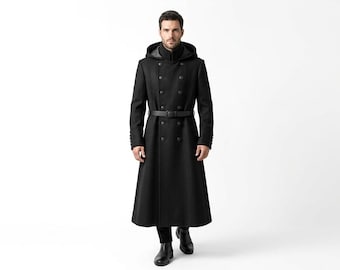 Handmade Unisex Gothic Military Wool Coat, Hooded Double Breasted Trench, Vampire Halloween Winter Coat