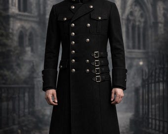 Black Wool Gothic Military Coat, Steampunk Victorian Jacket, Long Tailcoat, Handmade Unisex Alternative Fashion