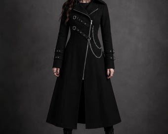 Handmade Black Wool Gothic Long Coat, Cyberpunk Trench, Chain Detail, Unisex Halloween Costume