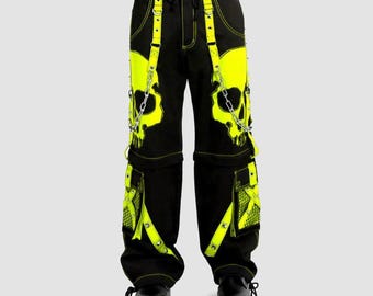 Gothic Cyberpunk Cargo Pants, Neon Green Skull Techwear Trousers, Rave Festival Streetwear