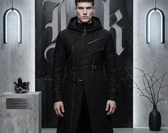 Men's Black Hooded Gothic Cyberpunk Trench Coat, Futuristic Assassin Streetwear Cosplay