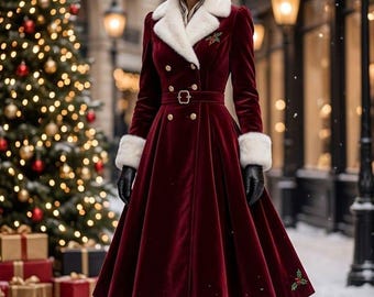 Handmade Red Velvet Gothic Victorian Coat Dress, Faux Fur Trim, Christmas Party Outfit