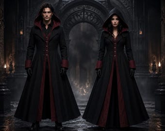 Men's & Women's Gothic Hooded Coat, Victorian Vampire Trench, Black Burgundy Steampunk Jacket, Medieval Outerwear