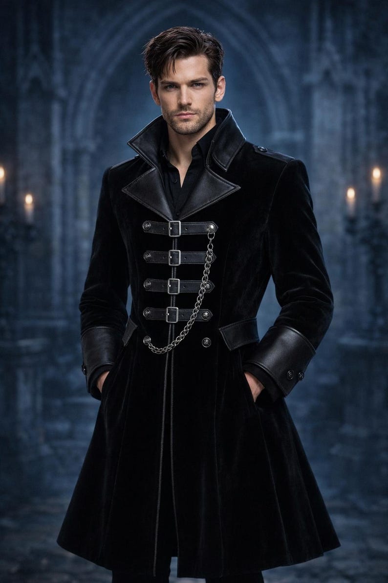 Handmade Velvet Gothic Trench Coat, Black Victorian Vampire Steampunk Outerwear image 2
