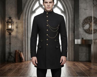 Men's Gothic Steampunk Tailcoat, Victorian Cotton Coat, Handmade Medieval Vampire Outerwear