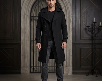 Men's Black Cotton Gothic Steampunk Coat, Victorian Vampire Trench Overcoat, Handmade Jacket