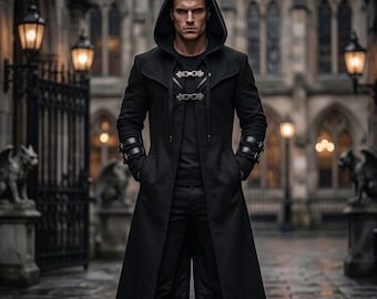 Gothic Hooded Coat, Black Assassin Cloak, Medieval Fantasy Outerwear, Handmade Cosplay Trench Coat