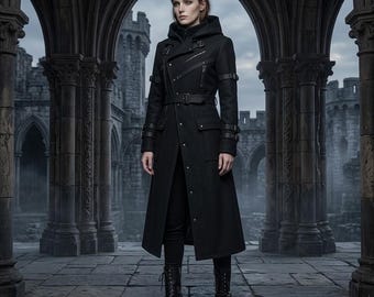 Gothic Wool Cyberpunk Trench Coat, Hooded Steampunk Military Overcoat (Unisex)