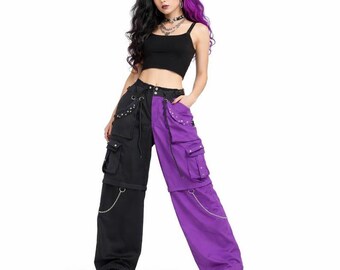 Black Purple Gothic Color Block Cargo Pants, Wide Leg Punk Trousers, Y2K Streetwear Unisex
