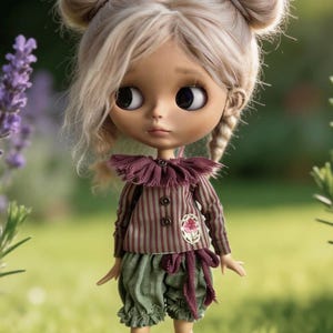 Strój lalki Blythe, ręcznie robiony komplet w paski z kurtką i bloomersami