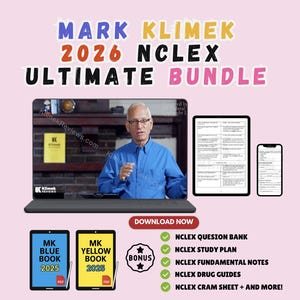 May include: An advertisement for the Mark Klimek 2026 NCLEX Ultimate Bundle. The image features a laptop, tablet, and smartphone displaying study materials. Additional items include two e-books, a bonus badge, and a list of included resources such as a question bank and study plan.