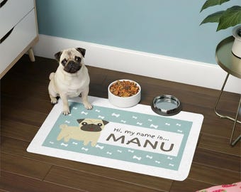 Placa identificativa para mascotas y alfombrilla para comida de mascotas