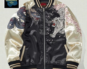 Chaqueta vegana Sukajan hecha a mano, bordada con dragón y tigre, estilo béisbol, bomber, ropa urbana japonesa, unisex, abrigo de calle, regalo.
