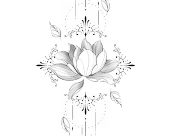 Geometric Lotus Tattoo Design • Fine Line Floral Flash • Ornamental Stem • Digital Download