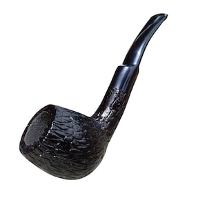 May include: A black tobacco pipe with a curved stem. The pipe has a textured bowl and a smooth, glossy stem. The pipe is angled slightly to the right against a white background. A classic smoking accessory.