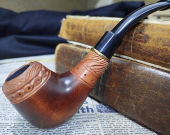 Hand-Carved Pear Wood Pipe with Floral Rim & Textured Shank – Perfect Gift for a Loved One, Artisan Tobacco Pipe, 9mm Ready, Brass Ring
