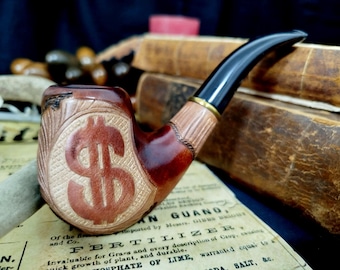 Hand-Carved Wooden Tobacco Pipe with Dollar Sign Relief – 9mm Filter Ready – Artisan Smoking Pipe with Brass Ring & Acrylic Stem