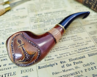 Smoking Pipe Wooden - Anchor Design - Tobacco Pipe, Hand Carved Pear Wood, Unique Gift for Men, Handmade, Classic Design