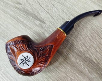 Hand-Carved Pear Wood Pipe with Eight-Pointed Compass Star – Perfect Gift for a Loved One, Artisan Tobacco Pipe, 9mm Ready, Brass Ring