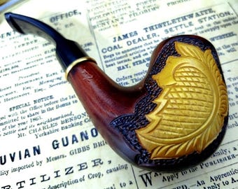 Hand-Carved Pear Wood Pipe with Majestic Golden Leaf Relief – 9mm Ready, Artisan Tobacco Pipe, Perfect Gift for a Loved One