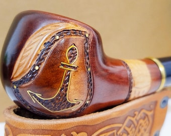 Hand-Carved Pear Wood Pipe with Nautical Anchor Relief – 9mm Ready, Artisan Tobacco Pipe, Perfect Gift for Sailors & Sea Lovers